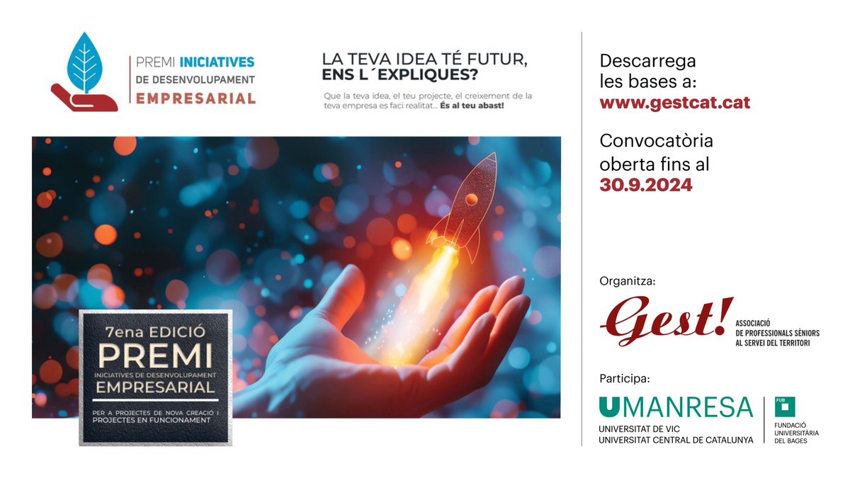 EMPRESA | Premi Iniciatives de Desenvolupament Empresarial

Convoquen Gest! i Ajuntament de Manresa amb la col·laboració d'UManresa i UPC

🗓️30 de setembre

🔗umanresa.cat/ca/empreses/pr…

#PremisEmpresarials #Bages #Emprenedoria #Innovació

<a href="/ajmanresa/">Ajuntament de Manresa</a> <a href="/upcmanresa/">UPC Manresa</a>