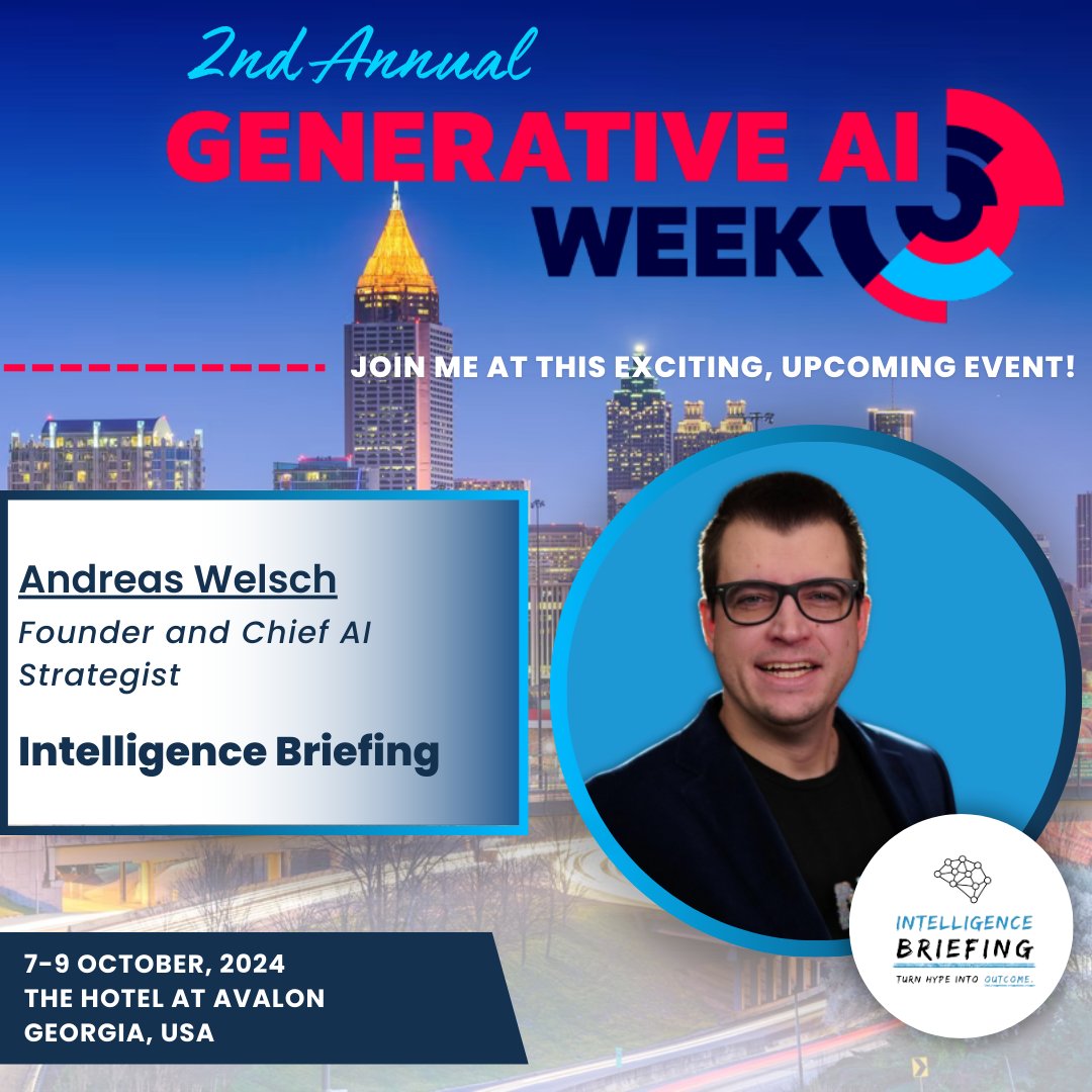 AndreasMWelsch's tweet image. How are businesses really using Generative AI? Hear it live at Generative AI Week (Oct 7-9 in Atlanta, GA)! Looking forward to sharing how you can successfully lead your AI program. Agenda &amp;amp; tickets  🧵 

#GenAIWeek #GenerativeAI #MachineLearning #ArtificialIntelligence