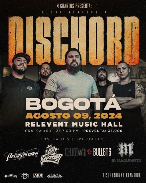 <a href="/4CUARTOS/">4CUARTOS</a> // <a href="/dischord_band/">Dischord</a> en concierto

Fusionando sonidos metal/punk/hc, Dischord, la agrupación de Caracas radicada en Mexico, prepara su regreso a nuestro pais...   
🗓️Agosto 9  // 📌Relevent Music Hall