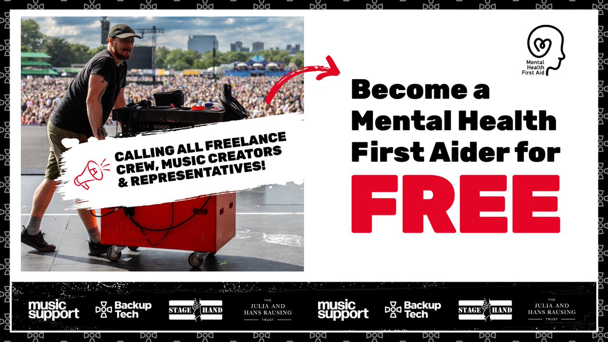 Calling all Freelancers!
Add MHFAider to your skill set and on your next gig/show/event, you will better equipped to signpost your fellow crew that might need support.
Training FREE for Freelancers details at bit.ly/40TQjGi

#MentalHealthMatters #MusicSupport #BackupTech
