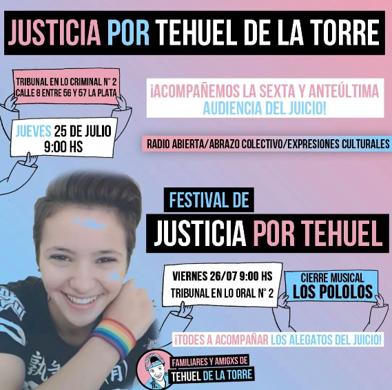 🇦🇷⚖️🏳️‍⚧️Este jueves y viernes acompañamos las últimas audiencias del juicio x la desaparició de #Tehuel
📢🗓️ Jueves 25 y viernes 26 🕘 desde las 09:00 hs en adelante📍 Calle 8 entre 56 y 57, La Plata.
🖊️¿Q pasó hasta ahora en las 5 audiencias? Te lo contamos día x día en nuestra