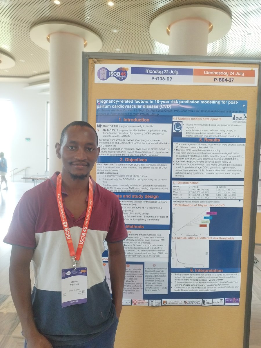 StevenWambua's tweet image. My poster at #iscb45 on adding pregnancy complications to 10 year risk of CVD prediction. Got a chance to meet and take Ben Van Caster  @BenVanCalster through my poster as well. #mumpredict