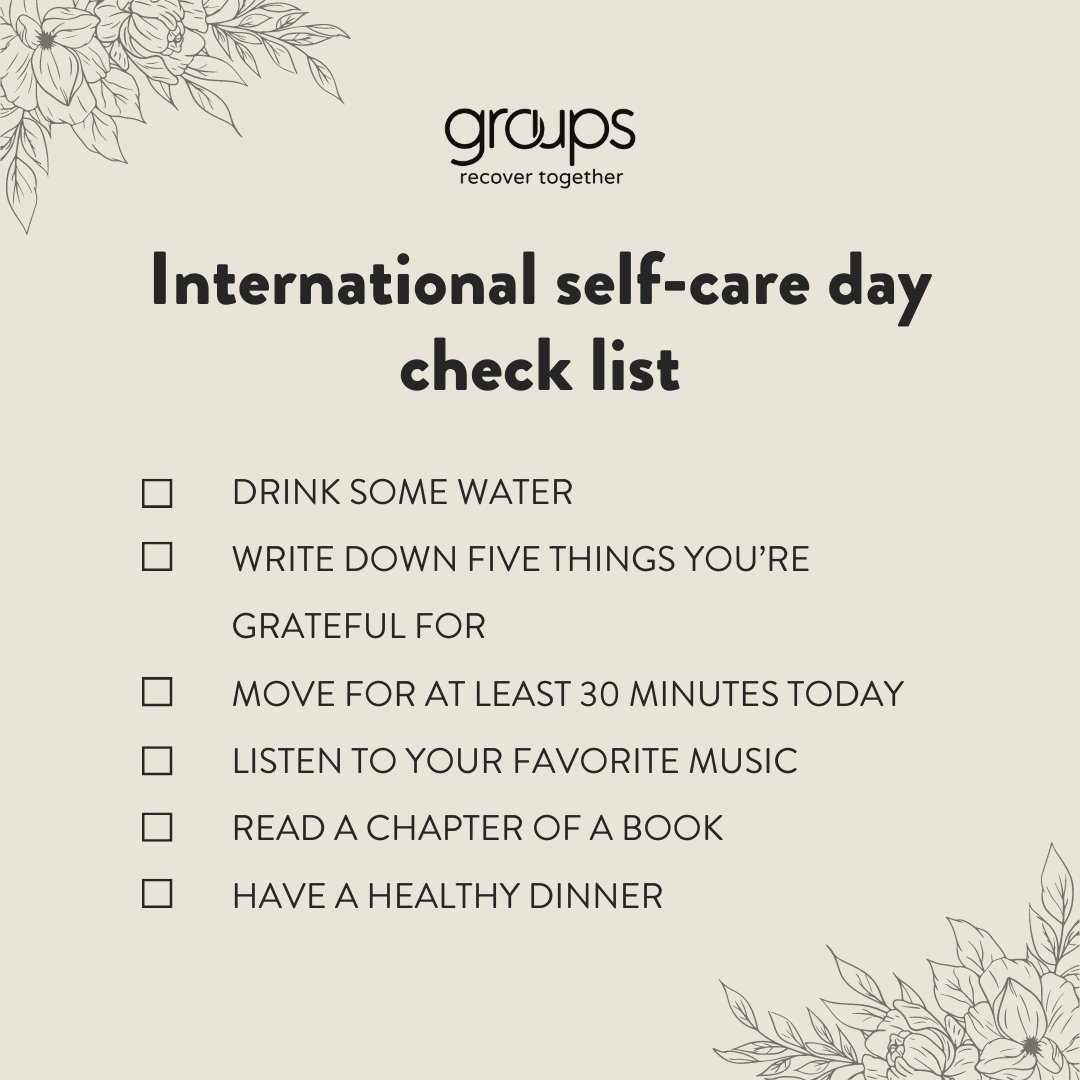 GroupsRecoverTogether (@groupsrecover) on Twitter photo Keeping tabs on your well being is always important: especially in recovery. For #InternationalSelfCareDay, we put together a checklist to use if you need some inspiration! Make sure to be good to yourself today, tomorrow and every day β€οΈ 
#WeDoRecover #SelfCareChecklist Keeping tabs on your well being is always important: especially in recovery. For #InternationalSelfCareDay, we put together a checklist to use if you need some inspiration! Make sure to be good to yourself today, tomorrow and every day β€οΈ 
#WeDoRecover #SelfCareChecklist