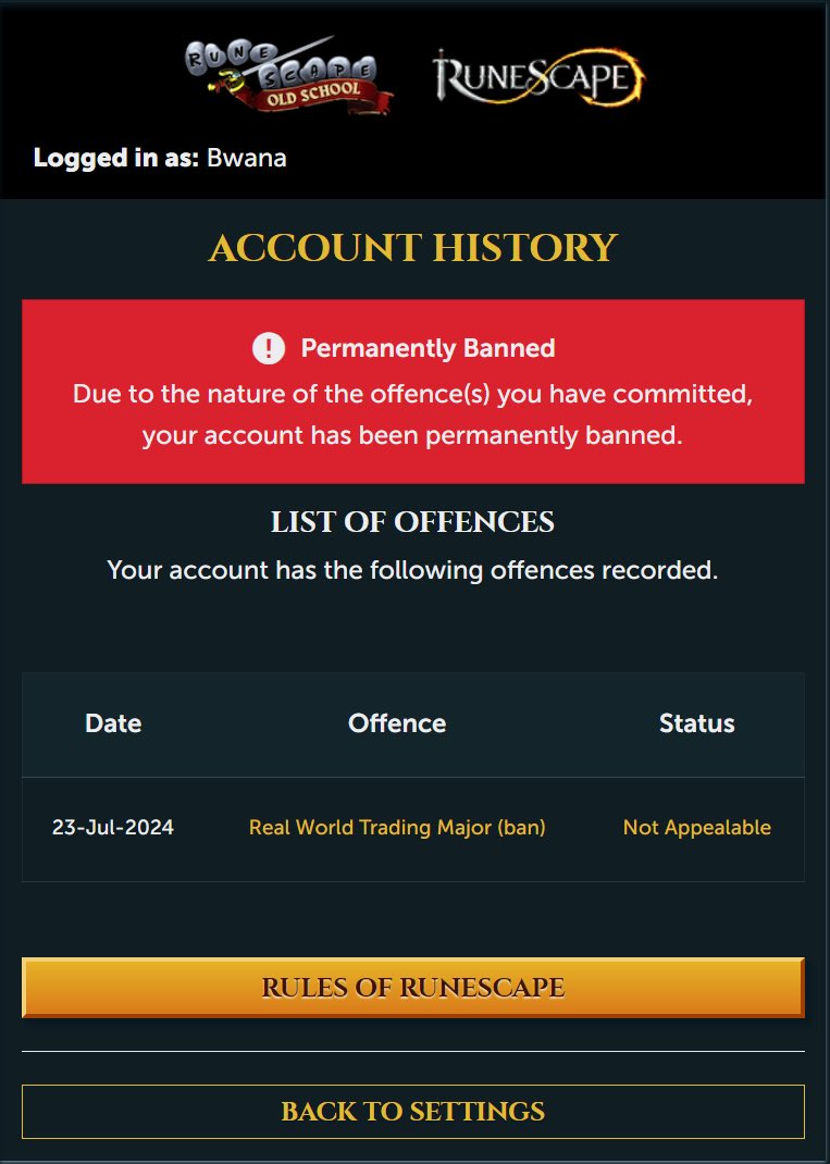 PremiumBwana's tweet photo. @PortKhazard @JagexAyiza @JagexSupport @JagexAsh 
Falsely banned for rwt, I believe as a result of trading my own alt to circumvent ge buy limit. Please can someone help. https://t.co/o2q82709N2
