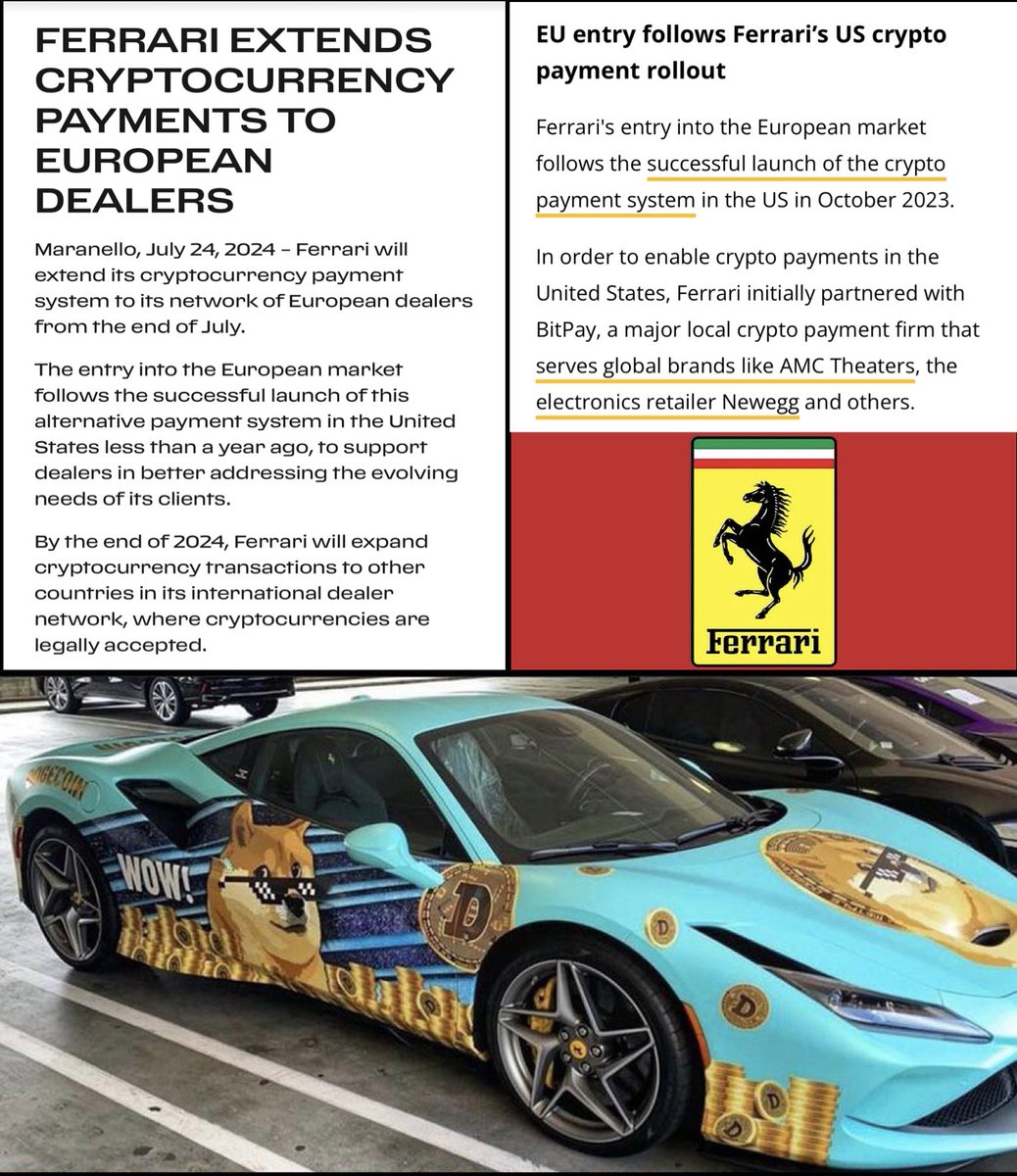 Ferrari to accept #Dogecoin in Europe! This comes after a successful launch  in the U.S