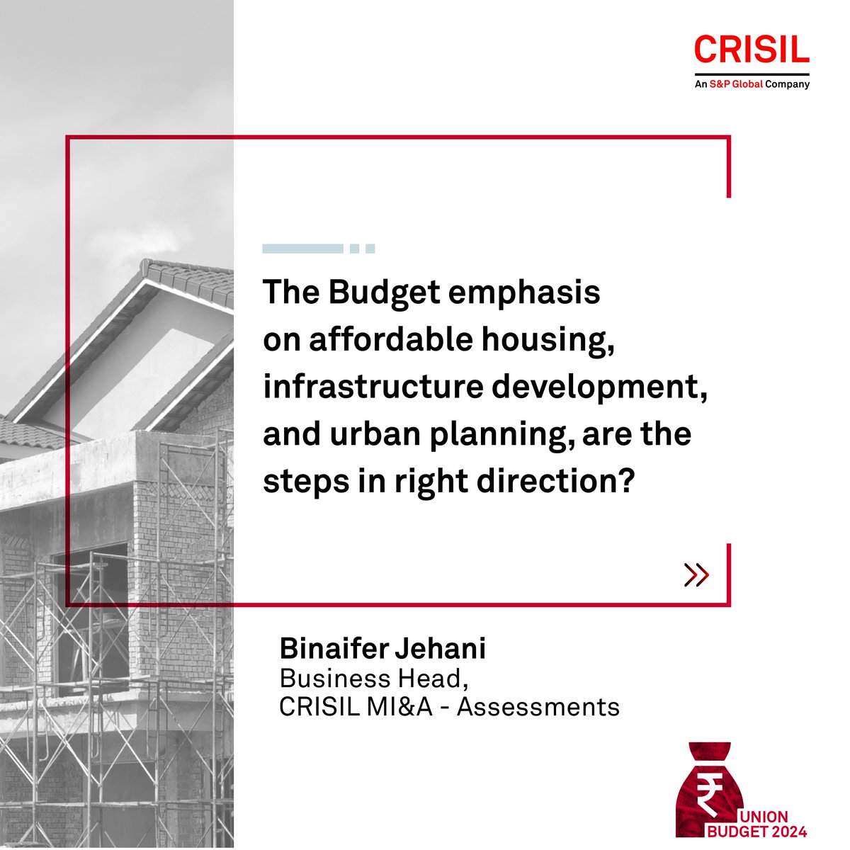 CrisilLimited's tweet photo. The Union Budget 2024 unveils bold strategies to revolutionize housing and infrastructure.

Binaifer Jehani outlines the key highlights in the creative below.

#CRISILBudgetViews #UnionBudget2024 #Infrastructure https://t.co/bj6cSL6SJv