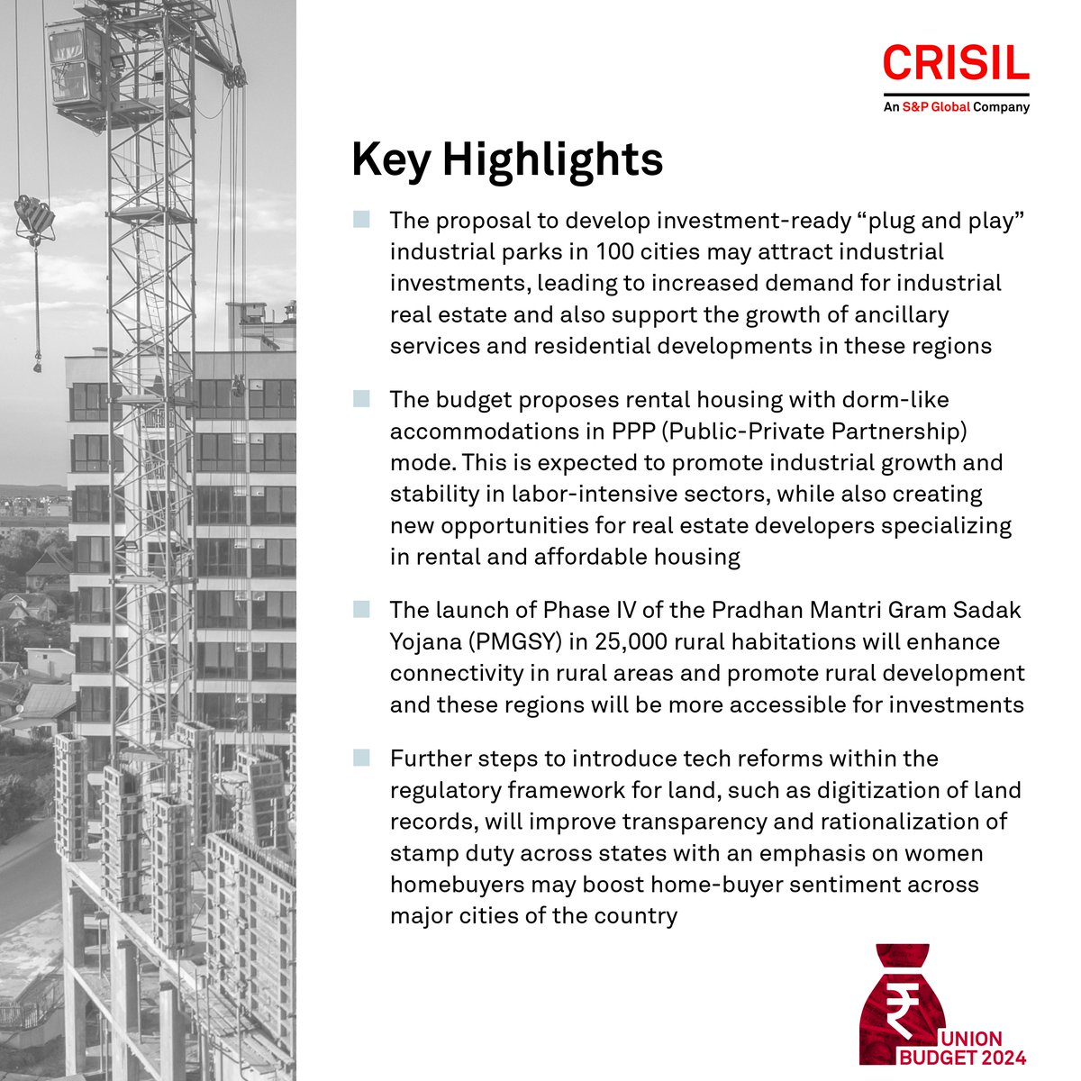 CrisilLimited's tweet photo. The Union Budget 2024 unveils bold strategies to revolutionize housing and infrastructure.

Binaifer Jehani outlines the key highlights in the creative below.

#CRISILBudgetViews #UnionBudget2024 #Infrastructure https://t.co/bj6cSL6SJv