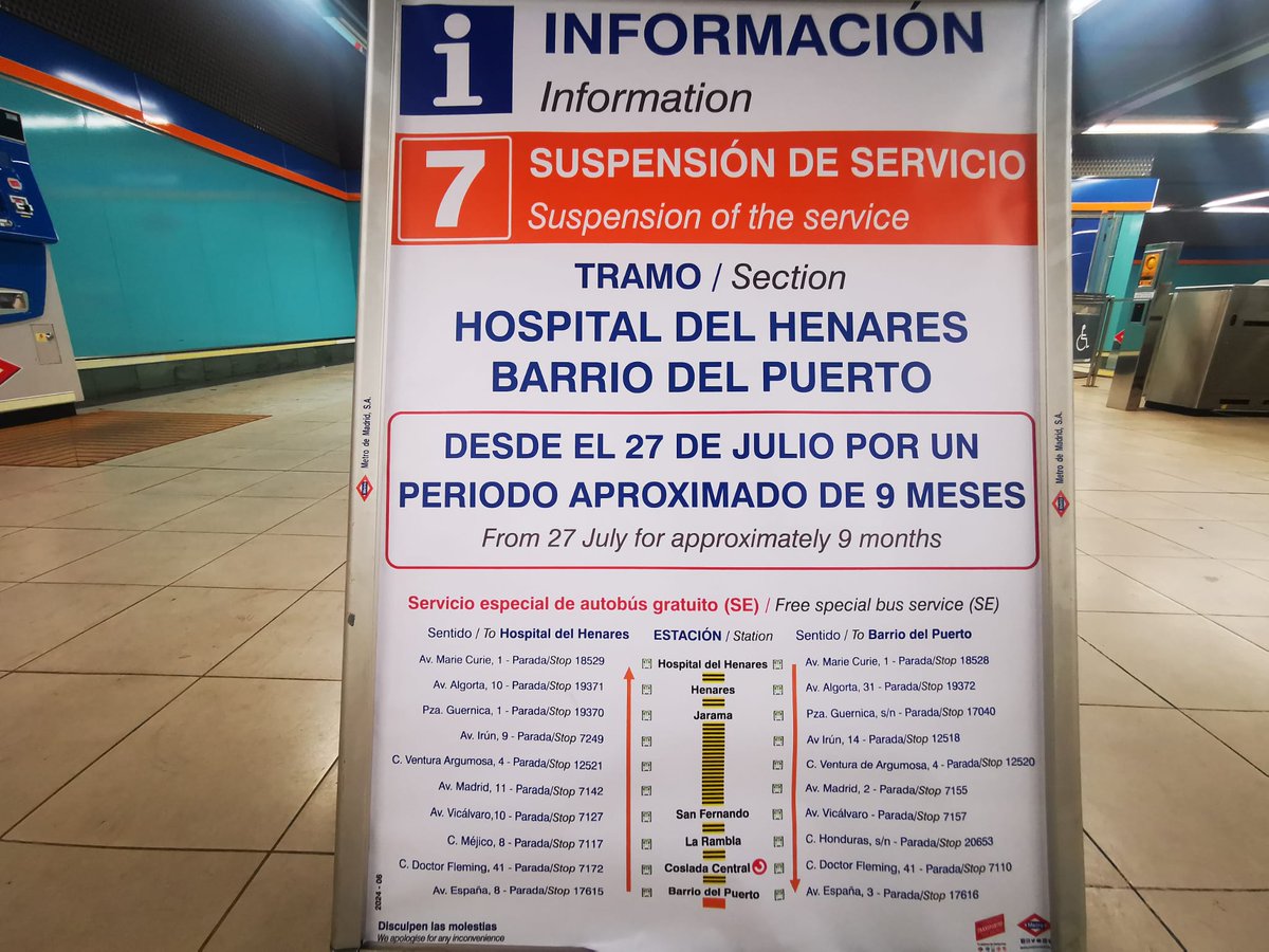 Ayto_SFH's tweet photo. 🚇🚇 Recordamos que, desde el próximo sábado 27 de julio, se verá interrumpido el servicio de Metro entre las estaciones de Barrio del Puerto y Hospital del Henares, tal y como ha comunicado la Comunidad de Madrid. https://t.co/Visaf6U2Gn