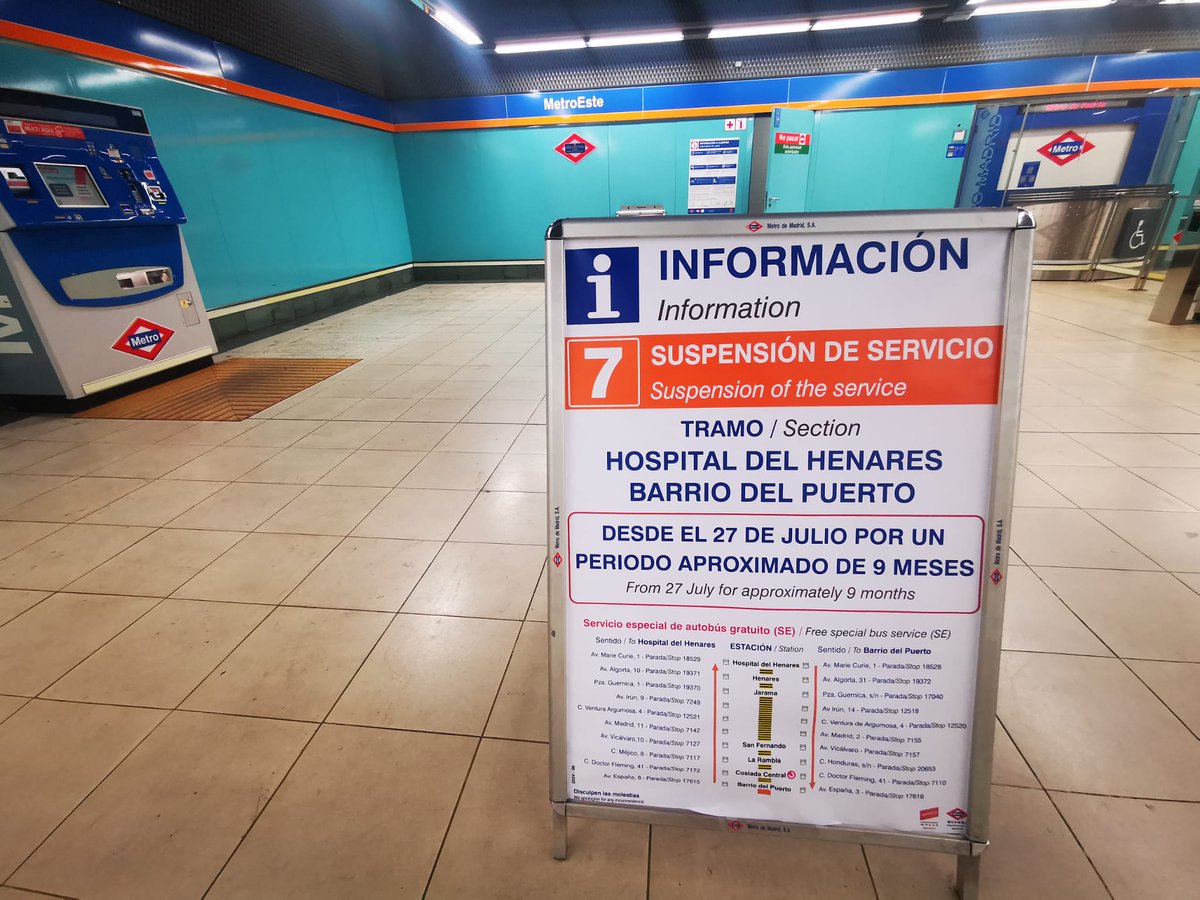 Ayto_SFH's tweet photo. 🚇🚇 Recordamos que, desde el próximo sábado 27 de julio, se verá interrumpido el servicio de Metro entre las estaciones de Barrio del Puerto y Hospital del Henares, tal y como ha comunicado la Comunidad de Madrid. https://t.co/Visaf6U2Gn