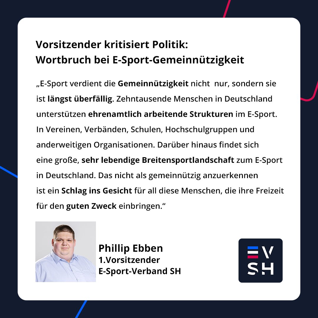 esportverbandsh's tweet photo. Erneut eine verpasste Chance für die Gemeinnützigkeit des E-Sports!

Die Ampelkoalition versprach die Gemeinnützigkeit des E-Sports, doch das #Steuerfortentwicklungsgesetz berücksichtigt dies erneut nicht. Trotz breiter Unterstützung bleibt das Versprechen unerfüllt. https://t.co/vlmIMKuzcR