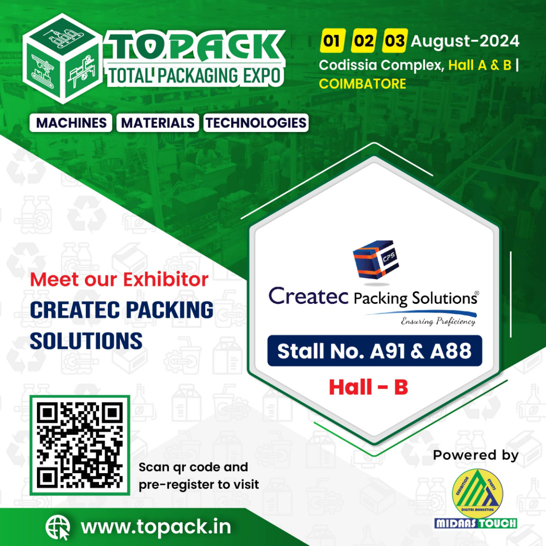 TopackExpo's tweet photo. 📢 Join us at #TOPACK - #TotalPackagingExpo!

We're excited to announce that CREATEC PACKING SOLUTIONS will be exhibiting @ TOPACK on 1-3 August 2024 at #Codissia, #Coimbatore!

📍Stall No. A91 & A88, Hall-B

Pre-register: https://t.co/pjU9JH0wc9

#packaging #expo #CreatecPacking @CreatecPacking @TopackExpo