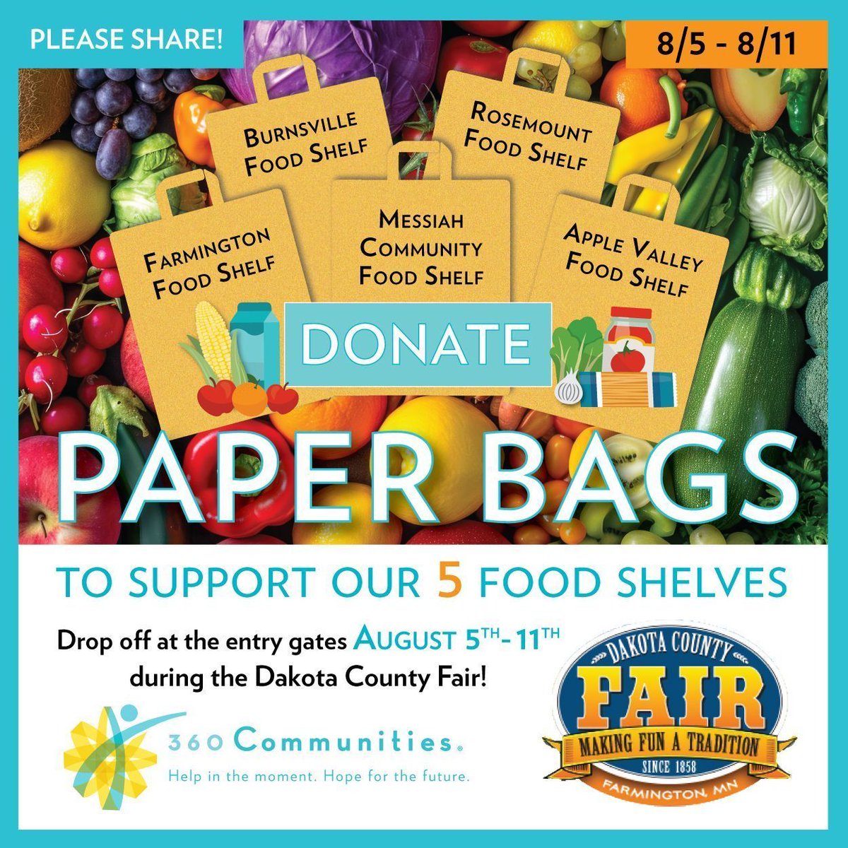 Exciting news! <a href="/DakotaCoFairMN/">DakotaCountyFair</a> is collecting paper bags for 360 Communities' network of five food shelves! ❤️ Donating your bags is easy! Just drop them off 8/5-8/11 in the bright yellow tubs at the admission gates at the #DakotaCountyFair in Farmington, MN at 4008 220th Street W