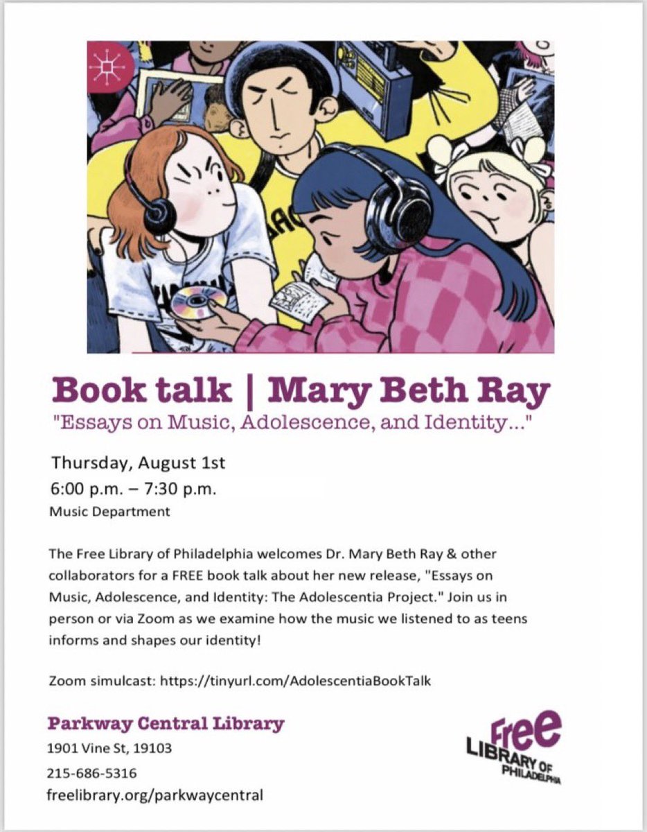 Please join me &amp; some of the wonderful contributors, w/editor @marybethray for a book talk at the Central Parkway <a href="/FreeLibrary/">Free Library of Philadelphia</a> on 8/1/24 to celebrate the release of our new anthology “Essays on Music, Adolescence, and Identity: The Adolescentia Project”!
#recordbreakinscholarship