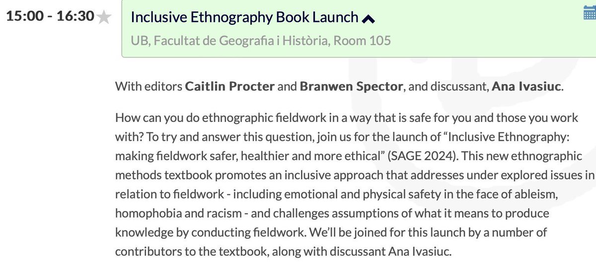 📚 Coming up at #EASA2024 is the book launch of 'Inclusive Ethnography' (SAGE 2024)
✨ With editors <a href="/Caitlin_Procter/">Caitlin Procter</a> &amp; <a href="/brantropologist/">Dr Branwen Spector</a>, and discussant <a href="/anaivas/">Ana Ivasiuc</a>

📍 Facultat Geografia I Història, room 105
⏰ 15:00

More info here ⤵️
buff.ly/44ZgbE2