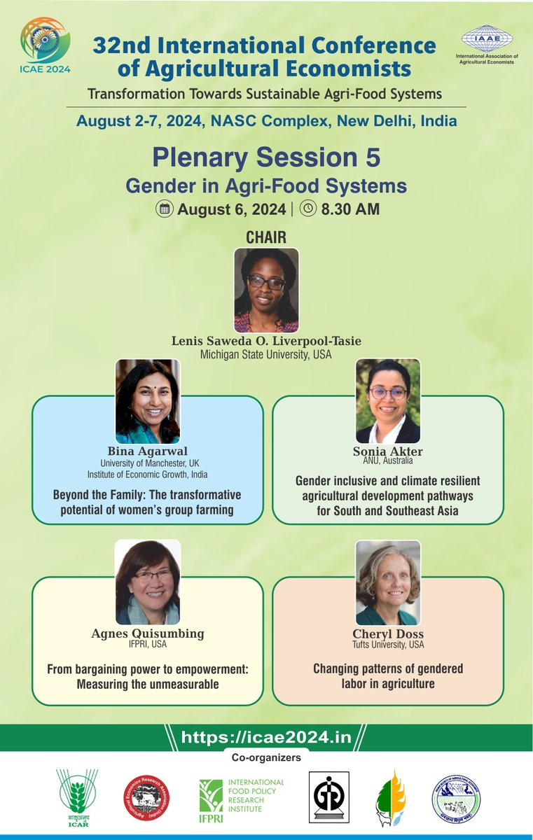 icae2024 (@icae2024) on Twitter photo ✨Don't miss out on this exciting plenary session on the role of Gender in Agri-Food Systems! Hear from the leading experts in this field.
📅August 6, 2024 | 8:30 AM. #AgEcon #ICAE2024 #MeetinDelhi
<a href="/SawedaTasie/">Saweda Liverpool-Tasie</a> #BinaAgarwal #SoniaAkter <a href="/agnesquis/">Agnes Quisumbing</a> @Cheryl_Doss ✨Don't miss out on this exciting plenary session on the role of Gender in Agri-Food Systems! Hear from the leading experts in this field.
📅August 6, 2024 | 8:30 AM. #AgEcon #ICAE2024 #MeetinDelhi
<a href="/SawedaTasie/">Saweda Liverpool-Tasie</a> #BinaAgarwal #SoniaAkter <a href="/agnesquis/">Agnes Quisumbing</a> @Cheryl_Doss