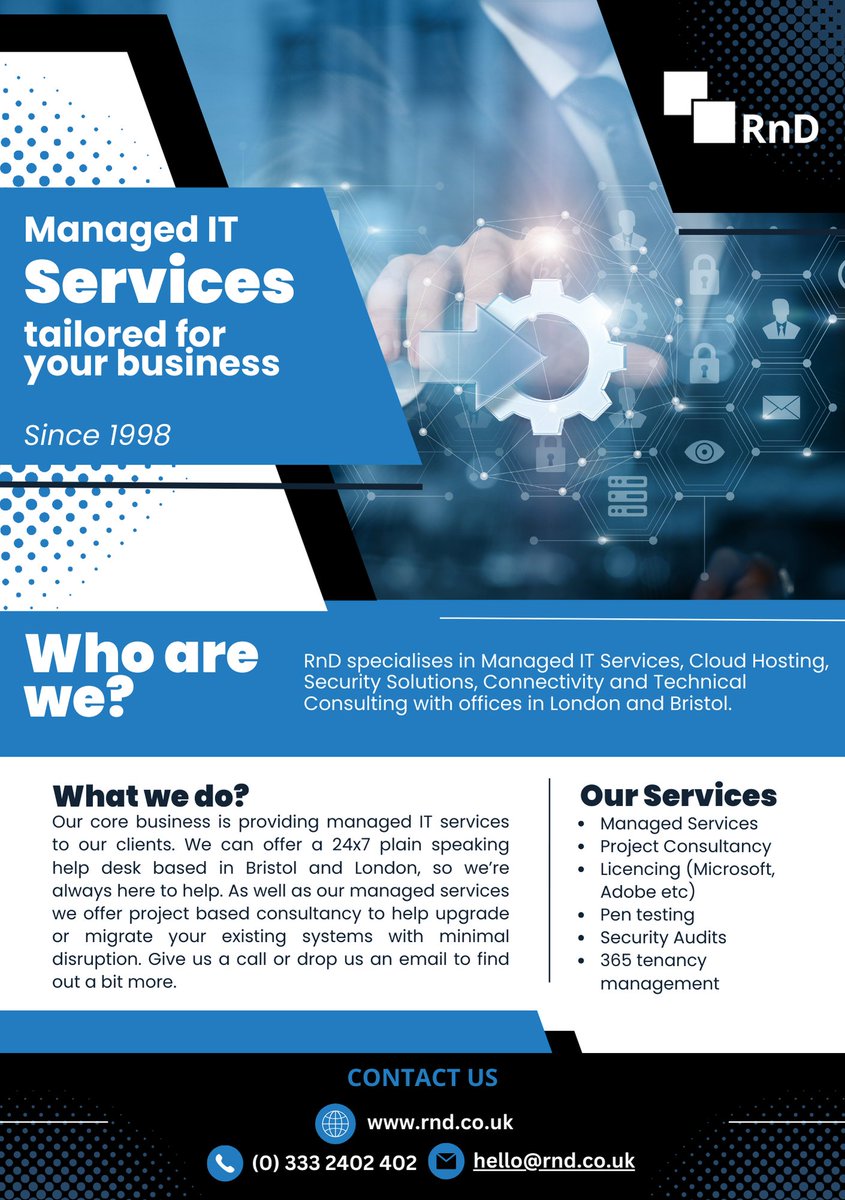 rndsystem's tweet photo. Maximize your potential with our IT Expertise.

Give us a call or drop us an email to find out more.

hashtag#ITSupport
hashtag#Cybersecurity
hashtag#Cloudcomputing
hashtag#ManagedITServices
hashtag#TechInnovation https://t.co/m0AfQjVFNl