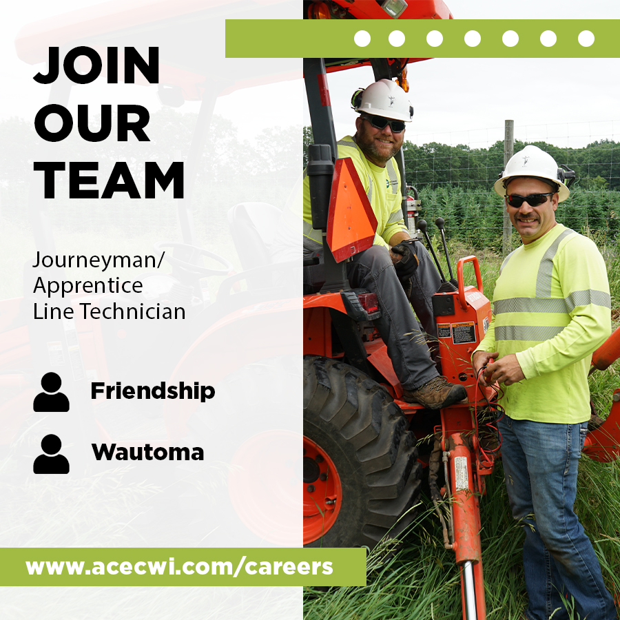 Interested in pursuing a career as a line technician?👷⚡️

We're #hiring two Journeyman/Apprentice Line Technicians; one at our Friendship office and one at our Wautoma office. The deadline to apply is Friday, August 2.

Learn more &amp; apply: acecwi.com/careers