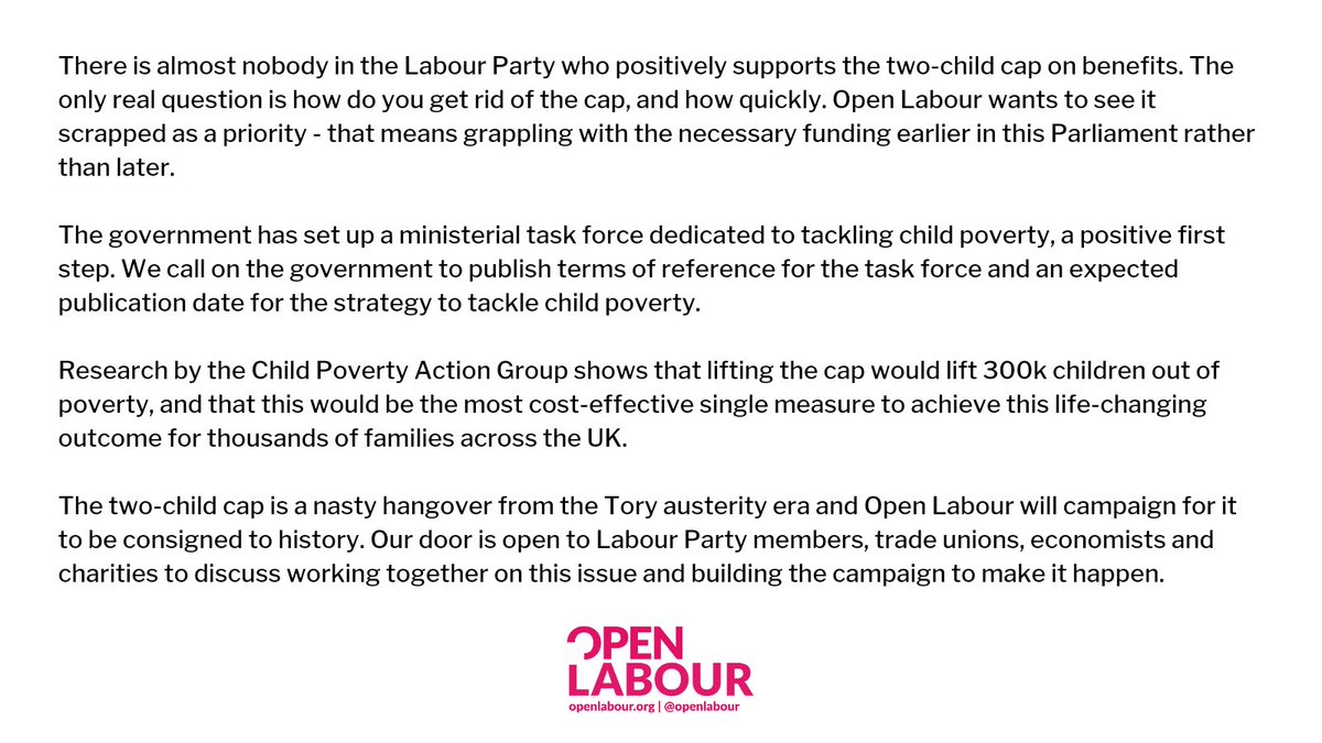 OpenLabour's tweet photo. Read our statement on the two-child benefits cap below.

Almost nobody in the Labour Party positively supports the cap. Open Labour's door is open to Labour members, trade unions, economists and charities to discuss working together to build the campaign to scrap it. https://t.co/9ZYnxC4bla