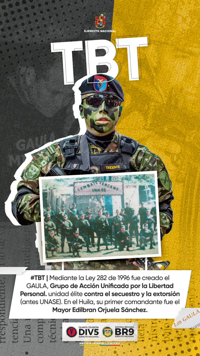 #TBT | Mediante la Ley 282 de 1996 fue creado el GAULA, Grupo de Acción Unificada por la Libertad Personal. unidad élite contra el secuestro y la extorsión (antes UNASE). En el #Huila, su primer comandante fue el Mayor Edilbran Orjuela Sánchez. #PatriaHonorLealtad