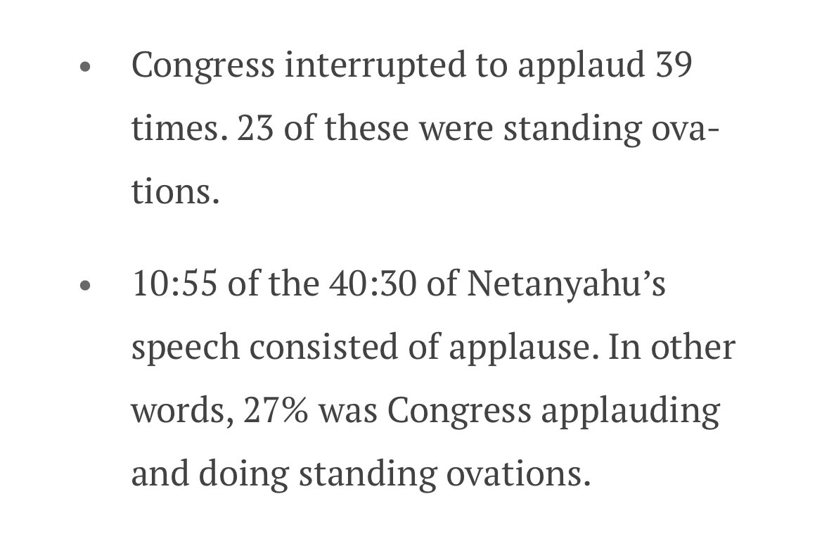 The last time Bibi Netanyahu addressed Congress in 2015, Congress interrupted his speech 39 times to applaud.

+25% of the duration of the speech consisted of applause.

This is what a puppet regime looks like.