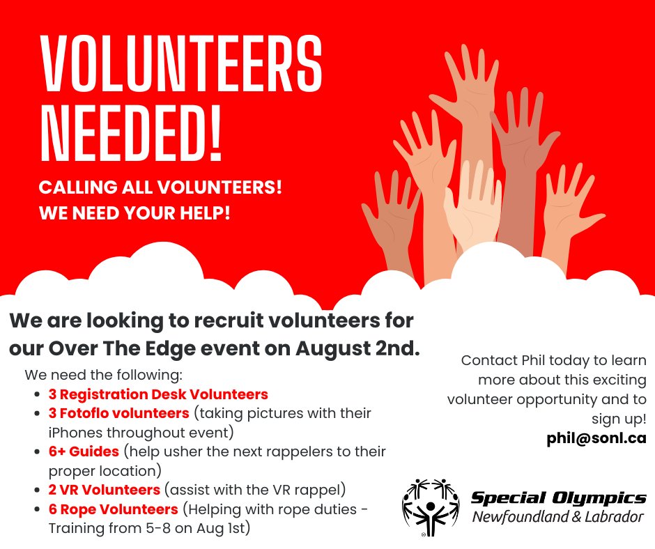 Special Olympics NL (@specialonl) on Twitter photo 🚨 VOLUNTEERS NEEDED! 🚨
Volunteer with us on Aug 2nd!
Email Phil at phil@sonl.ca to sign up!
#SpecialOlympicsNL #nltraffic #YYT 🚨 VOLUNTEERS NEEDED! 🚨
Volunteer with us on Aug 2nd!
Email Phil at phil@sonl.ca to sign up!
#SpecialOlympicsNL #nltraffic #YYT