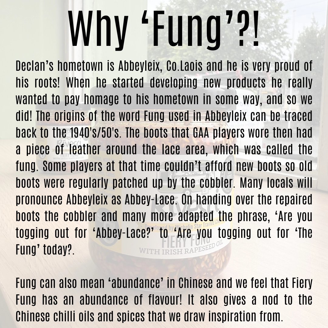 rivesci's tweet photo. Why 'Fung'?!
It's got nothing to do with ๐
But we are doing our best to pay homeage to @Chefdeco_'s hometown of #Abbeyleix and the Chinese chilli oils and spices that we draw inspiration from.
#FieryFung #Rivesci #ElevateYourFood #JarsOfJoy #TippFood https://t.co/rYiFtIGBSv
