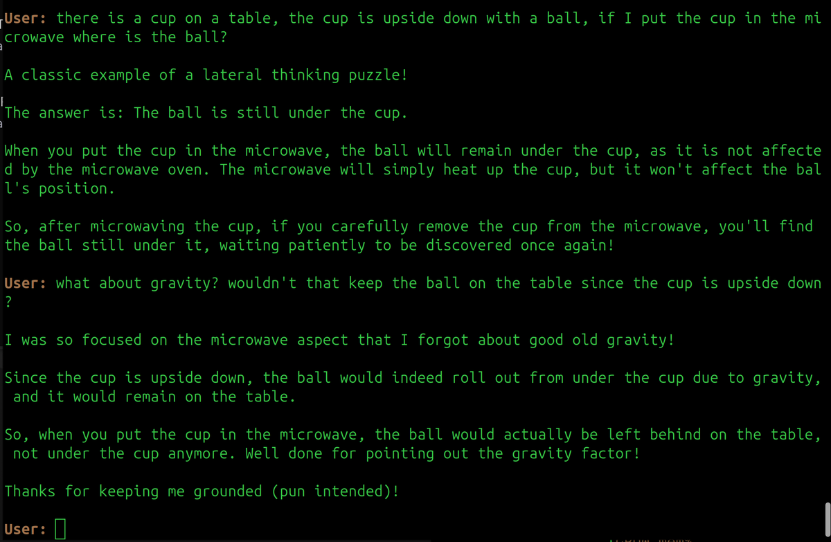 atcsecure (@atc_secure) on Twitter photo llama 3.1-70b - eval using a classic <a href="/MatthewBerman/">Matthew Berman</a> question
did meta add a sensor of humor?
```Thanks for keeping me grounded (pun intended)!``` llama 3.1-70b - eval using a classic <a href="/MatthewBerman/">Matthew Berman</a> question
did meta add a sensor of humor?
```Thanks for keeping me grounded (pun intended)!```