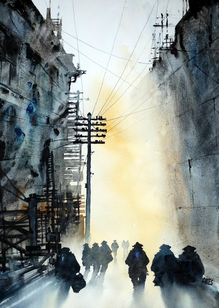 Clyde workers after a shift. 50x70 watercolour (available)  Working with some new neutrals and blacks using a fair amount of granulation of the medium. Thinking it suits the subject although it can be a bit of a white Knuckle ride!  🙂