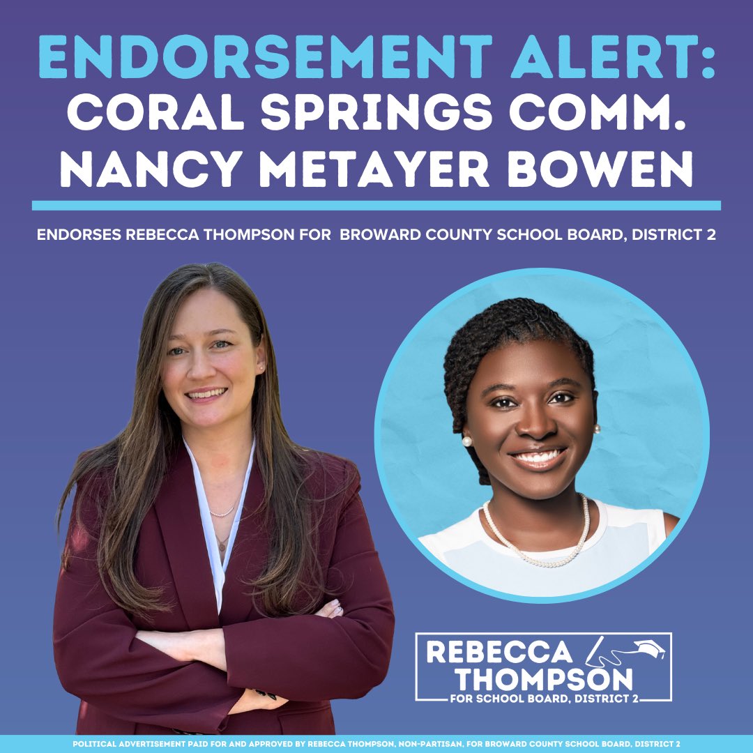 Proud to be endorsed by Coral Springs Commissioner Nancy Metayer Bowen. Communities thrive when we have strong advocates that fight on behalf of their constituents.