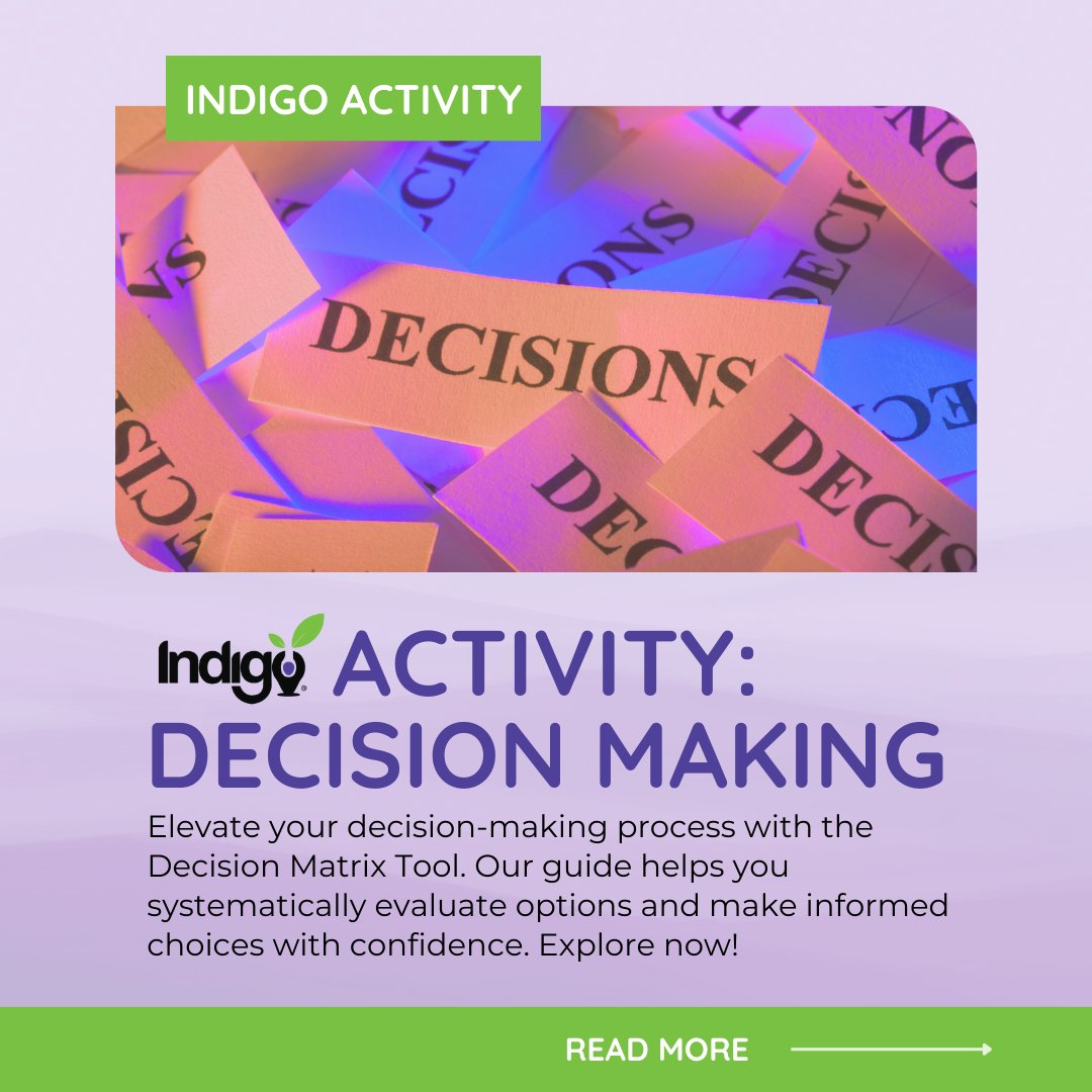 IndigoEdCo's tweet image. Make decisions with confidence! Learn to use a Decision Matrix Tool to evaluate options and choose the best path forward. Read the full guide here:💡 indigoeducationcompany.com/activity-decis… #DecisionMaking #DecisionMatrix #InformedChoices #IndigoEdCo