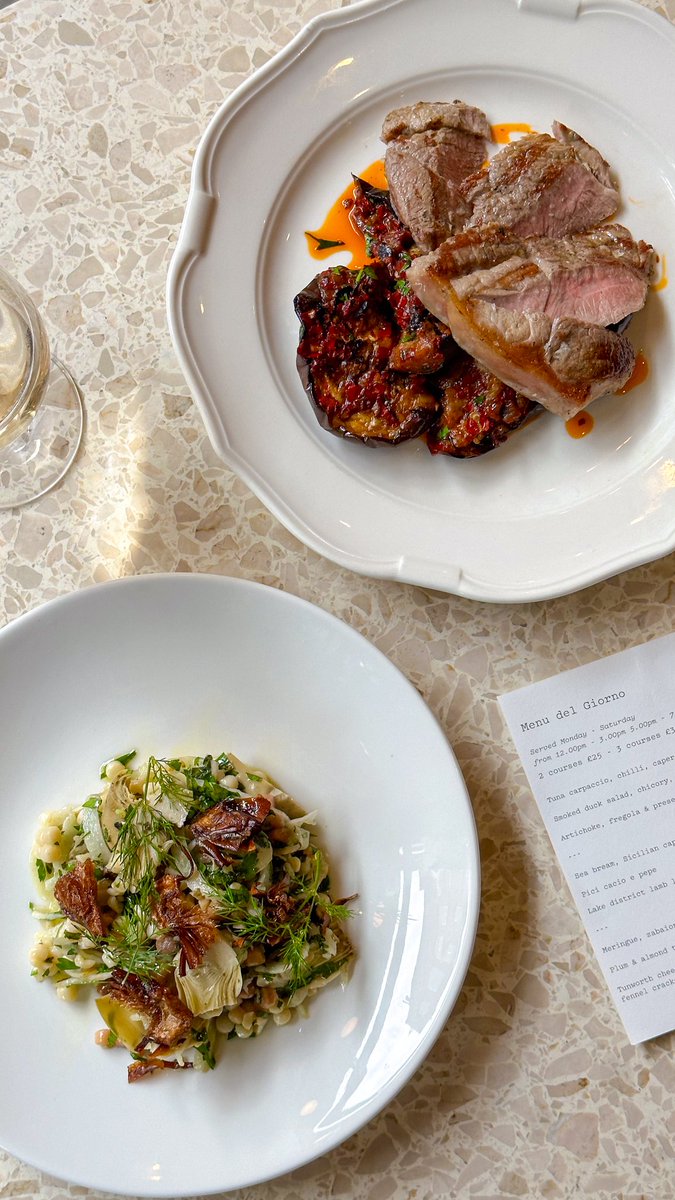 Our Menu del Giorno and not to be missed..

Artichoke, pergola and preserved lemon salad
Lake District lamb leg with harissa aubergine
Meringue with zabaione cream and amaretti biscuits

Available Monday - Saturday between 12-3pm and 5-7pm. Two courses for £25 and 3 for £30.