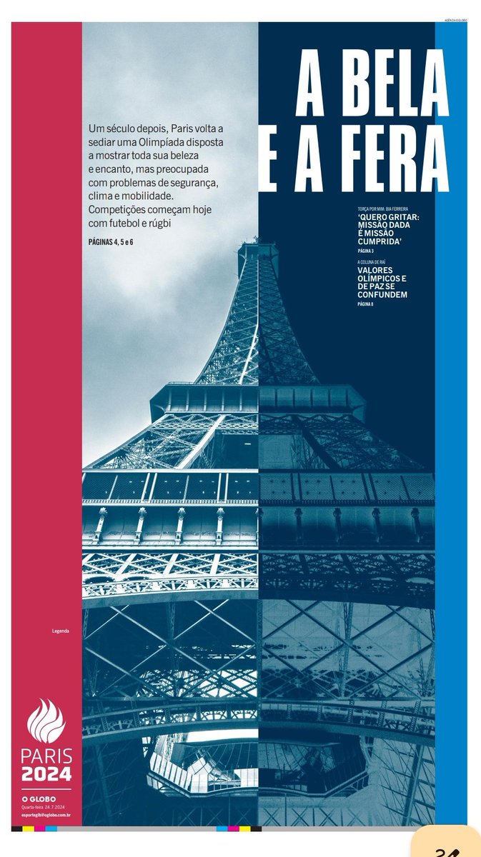 A primeira capa dos 20 cadernos olímpicos que publicamos de hoje até 12/8 no <a href="/JornalOGlobo/">Jornal O Globo</a>. Muita coisa bacana aí, incluindo a estreia da coluna do <a href="/rai10oficial/">Raí Oliveira</a>, depoimento de Bia Ferreira do boxe, <a href="/gpoli/">Gustavo Poli 👽</a> e reportagens de <a href="/carol_knoploch/">Carol Knoploch</a>, <a href="/tatianafurtado/">Tatiana Furtado</a> e <a href="/alexmassi/">Alexandre Massi</a> de Paris.