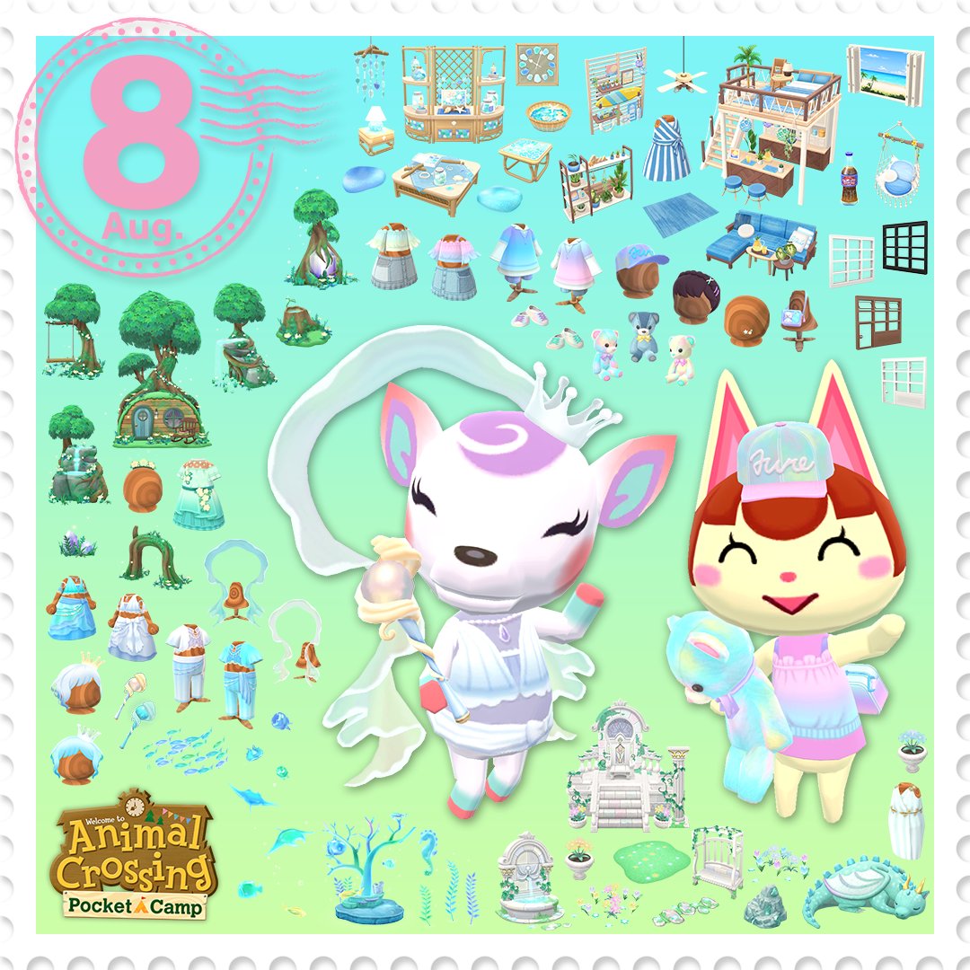Pocket_Camp's tweet image. Here's a sneak peak at items coming in August.✨ Here's hoping everyone gets to make some good memories this summer!🎵