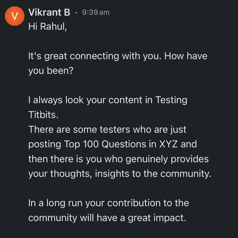 parwalrahul's tweet photo. Community feedback like this feels 🙌❤️
Thanks, Vikrant B :)
- @parwalrahul
x ——————— x ——————— x
Need Guidance? Connect with me on Topmate: https://t.co/w8hPQGE95z
#testing #skilledtesting #automation #rahulparwal #testingtitbits https://t.co/qXBOKAuJhi