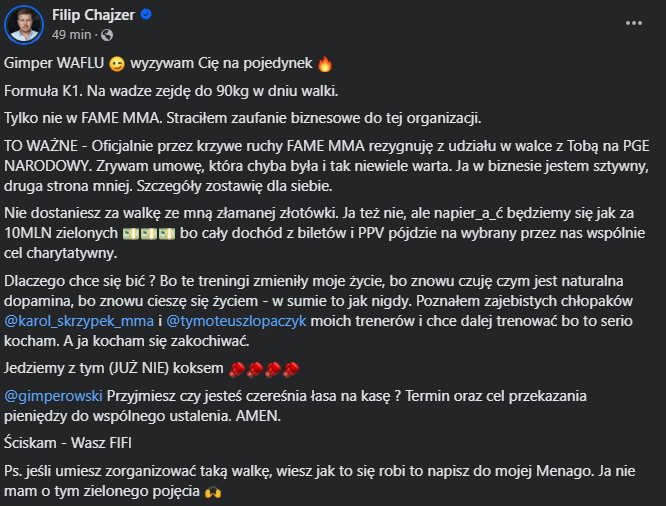 Majkelo_1's tweet photo. Filip Chajzer rezygnuje z walki z @t_dzialowy ❌❌ Tłumaczy się, że federacja nie jest "sztywna" w biznesie✊ Pomysł Filipa to zorganizowanie walki poza fame mma, ale nie umie jej sam zorganizować o czym pisze w PS 🤣 Co o tym sądzicie? #fame22 #famemma #gimper #chajzer https://t.co/uGWx41Zmvq