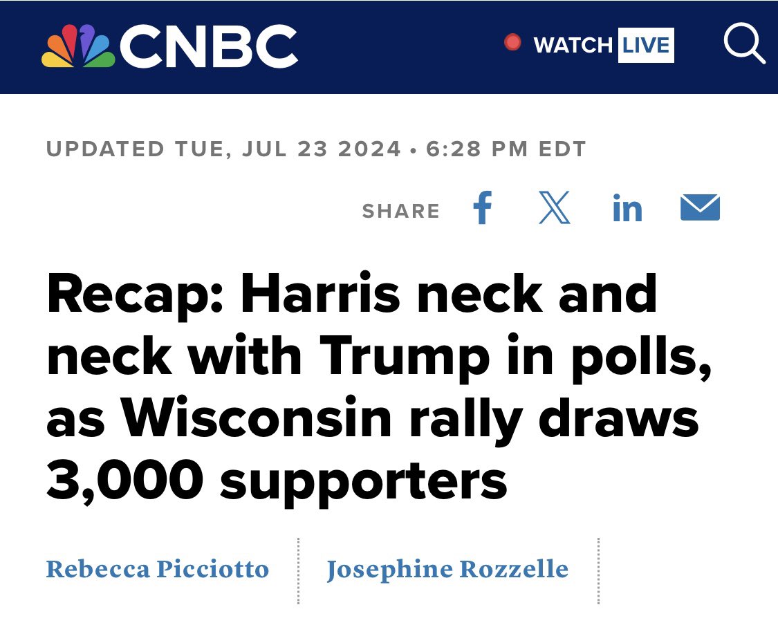 1. No chance Harris is “neck and neck” with Trump in a legit poll.

2. Surprised they’d use 3000 people showing up as a flex? 3000 is pathetic. I get more people on one of my livestreams. 

3. So the second part of the title proves the first part of the title is likely fake news.