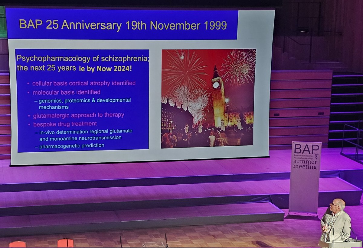 DrAmyGillespie's tweet photo. Ending #BAP2024 with reflections on 50 years of BAP and looking forward.

First, looking at the predictions @bdeako made 25 years ago for psychosis today, we have:

🌟gained genetic insights via GWAS collaborations
🌟developed our understanding of the role of glutamate.... (cont) https://t.co/dUNm6jhAI0