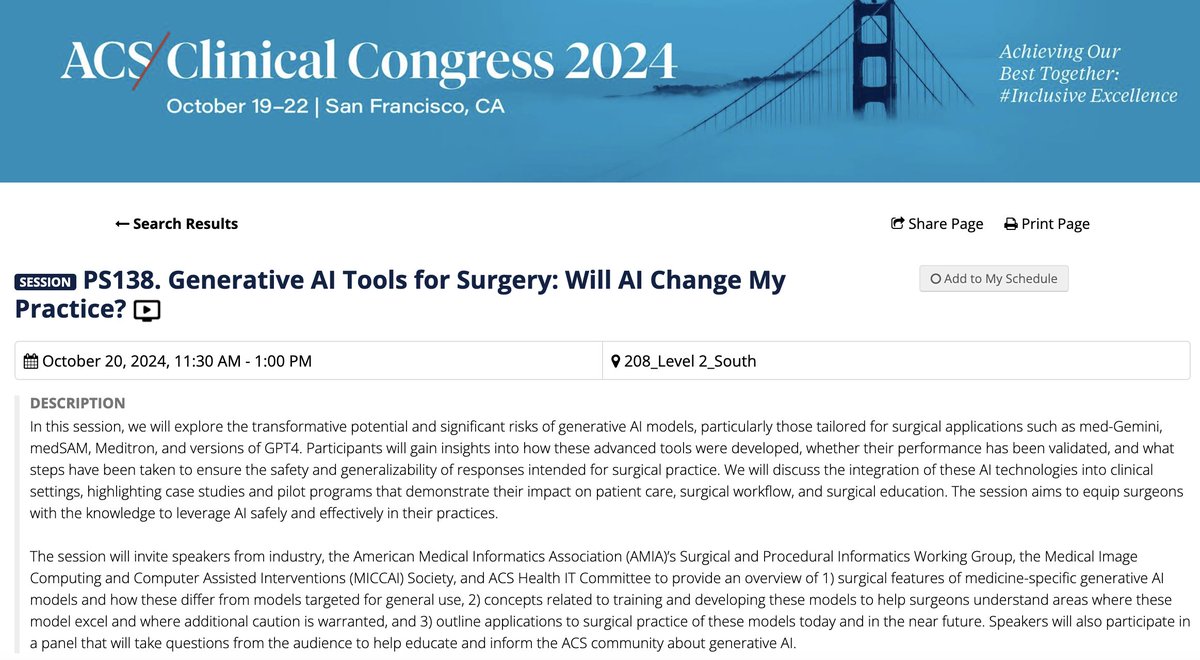 Dan Hashimoto, MD MS FACS (@laparoscopes) on Twitter photo Really excited that the <a href="/AmCollSurgeons/">American College of Surgeons</a> #HealthIT Committee's session on #generativeAI for #surgery added to the #ACSCC2024 agenda!
We'll be diving into practical applications + safety considerations of #genAI for surgeons
#surgtwitter Really excited that the <a href="/AmCollSurgeons/">American College of Surgeons</a> #HealthIT Committee's session on #generativeAI for #surgery added to the #ACSCC2024 agenda!
We'll be diving into practical applications + safety considerations of #genAI for surgeons
#surgtwitter