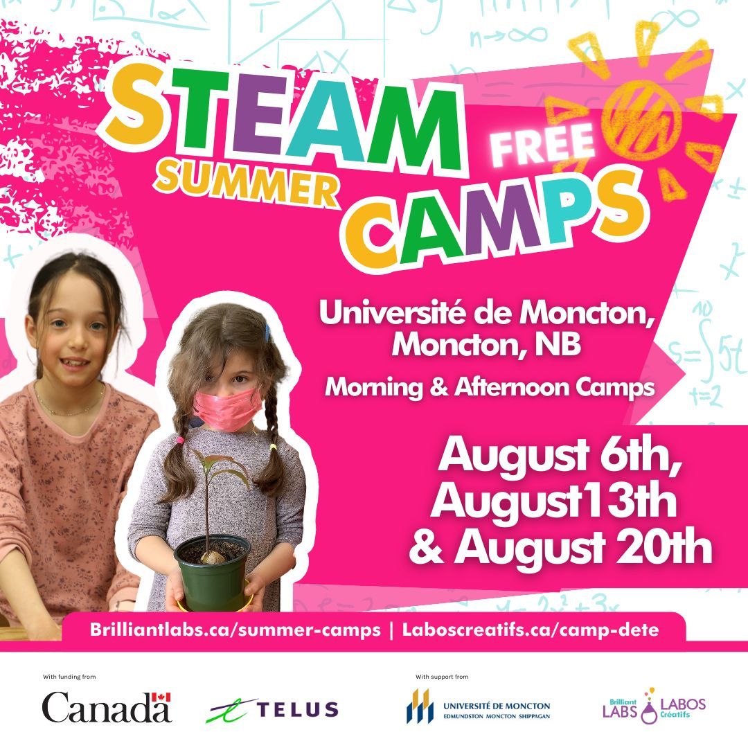 Join us for our bilingual camps at the Université de Moncton in Moncton, NB
Ages 8-12
August 6th, August 13th, August 20th
Times:  9:30 - 11:30, 1pm - 3pm

Thank you to Canada Summer Jobs, Telus, &amp; Université de Moncton for making these camps possible!
<a href="/umoncton/">UMoncton</a> <a href="/TELUS/">TELUS</a> <a href="/ESDC_GC/">Employment and Social Development Canada</a>