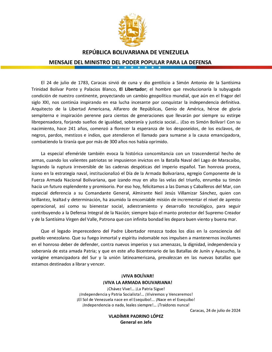 📰 #COMUNICADO | Mensaje del GJ. Padrino López con motivo del 241° Aniversario del Natalicio del Padre Libertador Simón Bolívar, 201° Aniversario de la Batalla Naval del Lago y Día de la Armada Bolivariana