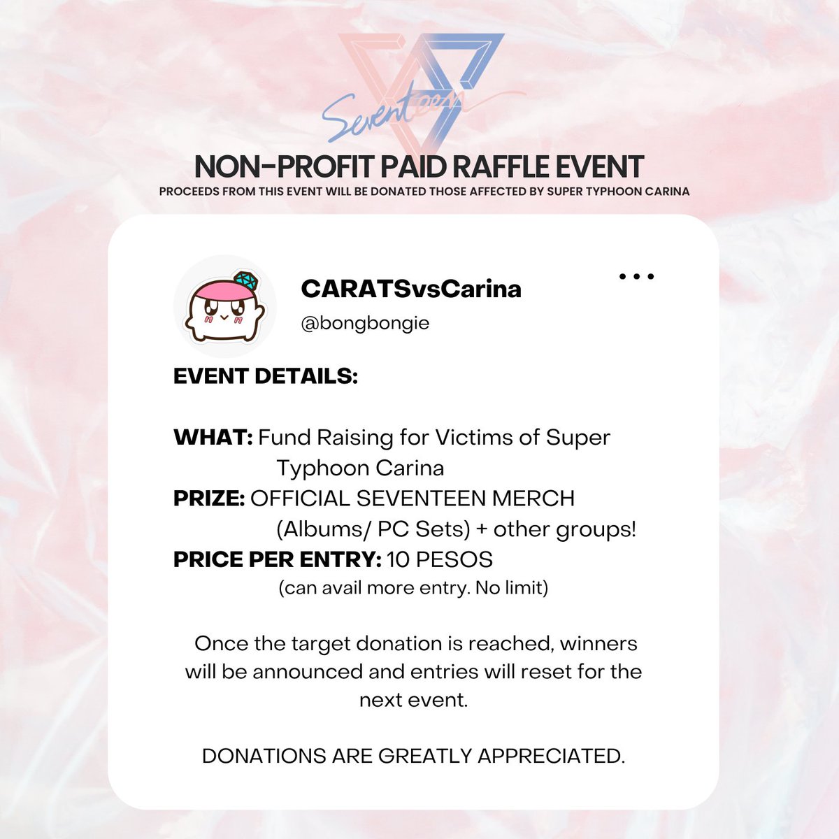 gheenonara's tweet photo. 🚨 NON-PROFIT PAID RAFFLE #ByPHCarats 🚨

Proceeds will be donated to those affected by Super Typhoon #CarinaPH 🇵🇭

- ₱10 per entry
- see thread for prizes (20+ atm!)

Entry Form: https://t.co/dR6mxtGePu

Donations are also greatly appreciated. Kindly dm me/ @yoonshino_ for donation receipts.