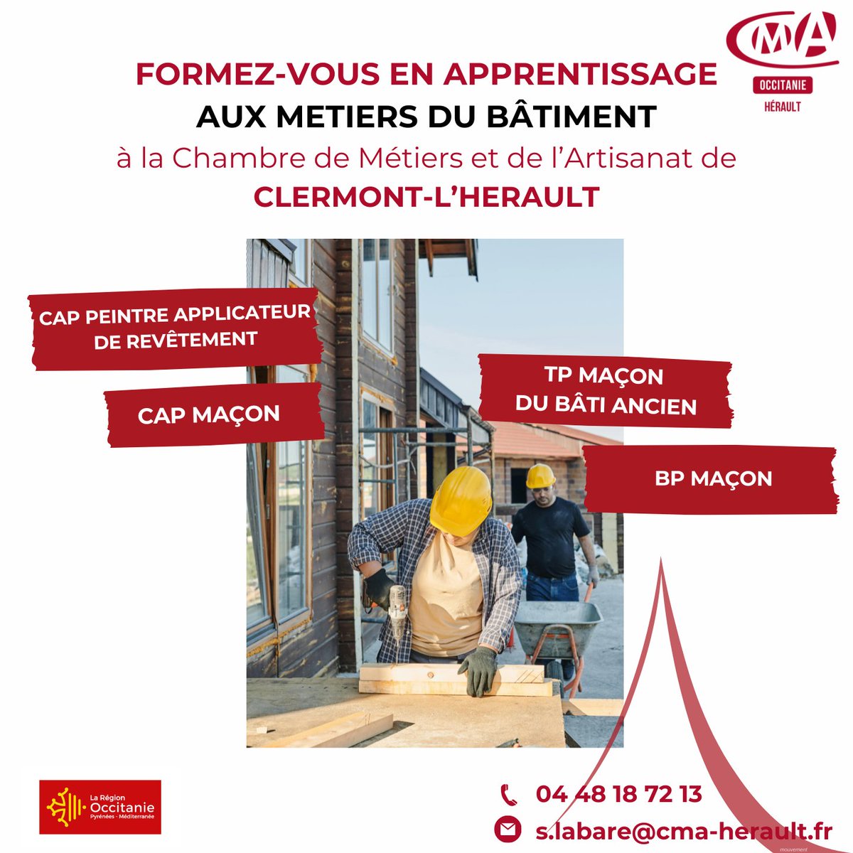 CMA34 (@cma_herault) on Twitter photo 📢 Formez-vous en apprentissage aux métiers du bâtiment
📌 Inscriptions ouvertes
📌 A partir de 15 ans
📌 A la CMA de Clermont l'Hérault
☎️ Contact :
S.Labare
04 48 18 72 13
s.labare@cma-herault.fr
👉 Rejoignez l'École des Métiers de l'Hérault !
👉 tinyurl.com/cfaclermontlhe… 📢 Formez-vous en apprentissage aux métiers du bâtiment
📌 Inscriptions ouvertes
📌 A partir de 15 ans
📌 A la CMA de Clermont l'Hérault
☎️ Contact :
S.Labare
04 48 18 72 13
s.labare@cma-herault.fr
👉 Rejoignez l'École des Métiers de l'Hérault !
👉 tinyurl.com/cfaclermontlhe…