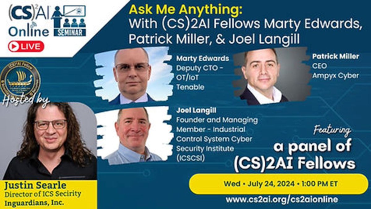 Hope you can join Marty Edwards, Patrick Miller and myself hosted by Justin Searle with CS(2)AI and our "Ask Me Anything" session TODAY at 1pm EDT. Register at the following link:

register.gotowebinar.com/register/73225…