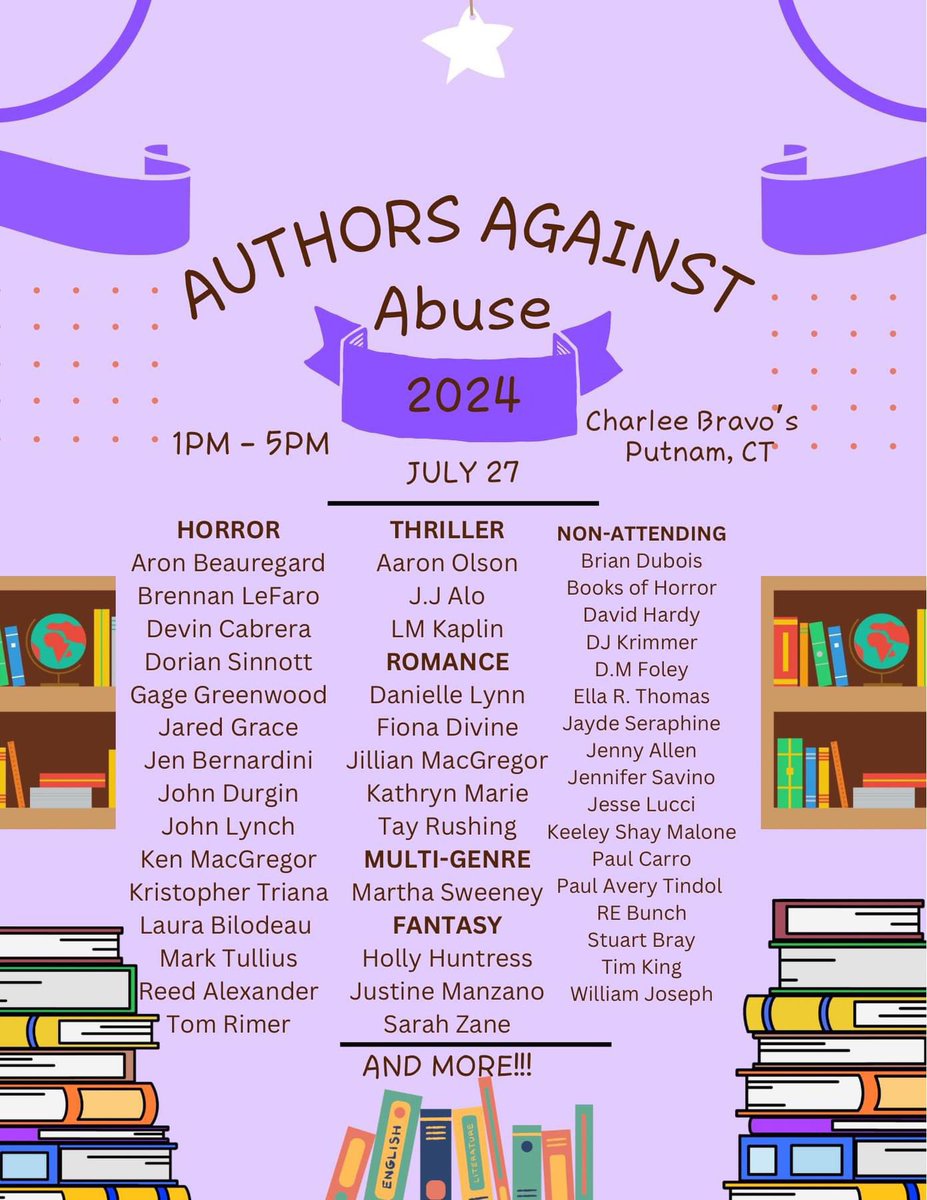 DorianSinnott's tweet image. Three days until Authors Against Abuse at Charlee Bravo’s in Putnam, CT to benefit United Services Inc. 📚 

If you’re in the area, stop by for a great cause and come hang out with all of us!