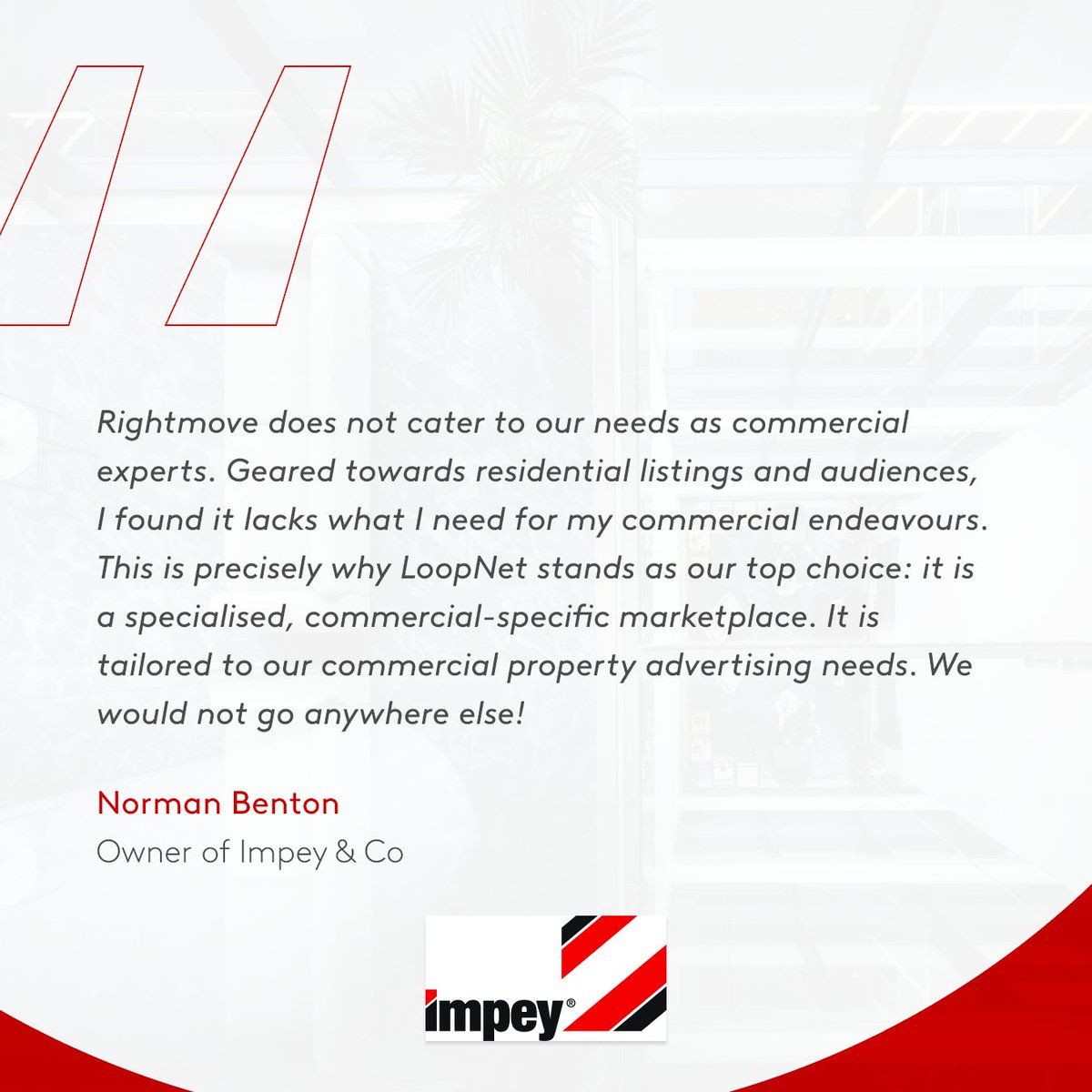 LoopNet_UK's tweet image. Norman Benton, Owner of Impey &amp;amp; Company Limited, recognises the value of LoopNet!

Join Impey &amp;amp; Co and other owners and agents reducing their time on market on LoopNet.

See how:
bit.ly/4d9WdZW