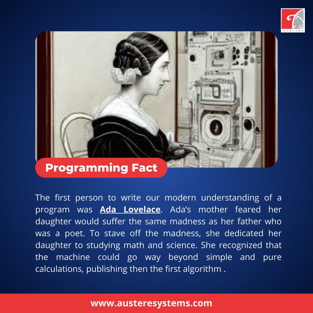 AustereSystems's tweet image. #ProgrammingFacts
Did you know? Ada Lovelace, the world's first computer programmer, wrote the first algorithm intended for a machine in the mid-1800s. Her pioneering work laid the groundwork for modern computing. #AustereSystemspvtltd #ProgrammingFacts #AdaLovelace #WomenInTech