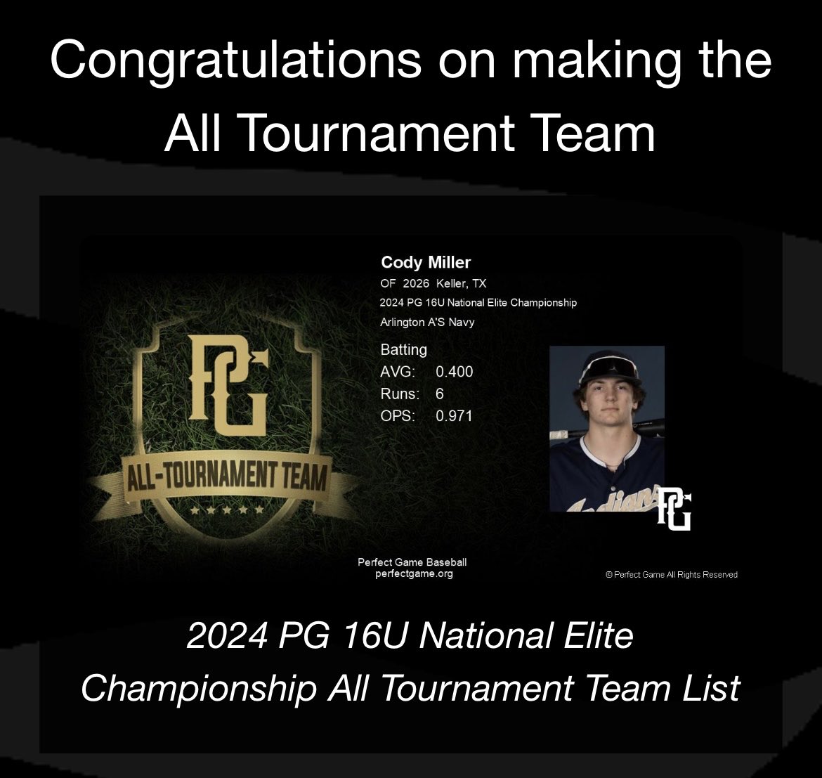 cody miller, had a great week and received All Tournament at the National Elite Championship @KHS_baseballs@arlingtonasbaseball1988