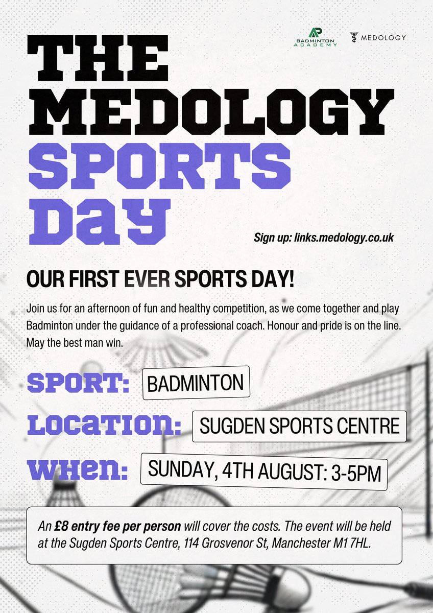 The Medology Sports Day: 2024 🏸

Join us for our very first sports day and enjoy an afternoon of fun and healthy competition, as we come together and play Badminton under the guidance of a professional coach. Honour and pride are on the line. May the best player win! ✨

🗓️