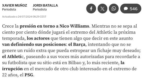 AthleticXtra's tweet photo. En el Barça están ahora intentando convencer a la opinión pública de que el Athletic es el malo de la película y está "presionando" a Nico Williams con su futuro, cuando:

📌 Le llevan preguntando por su futuro desde que empezó la EURO teniendo contrato hasta 2027.

📌 Llevan TODOS LOS DÍAS desde junio filtrando noticias sobre el jugador desde Barcelona.

📌 El presidente del Barça sale públicamente diciendo que le gusta el jugador y que pueden ficharlo.

📌 El presidente de LALIGA dice que el Barça puede ficharlo.

Mientras, el Athletic solo ha pedido respeto por su jugador y el capitán ha comentado que le gustaría su continuidad, pero que la decisión la tiene que tomar el futbolista libremente.

Los reyes del relato. 😶