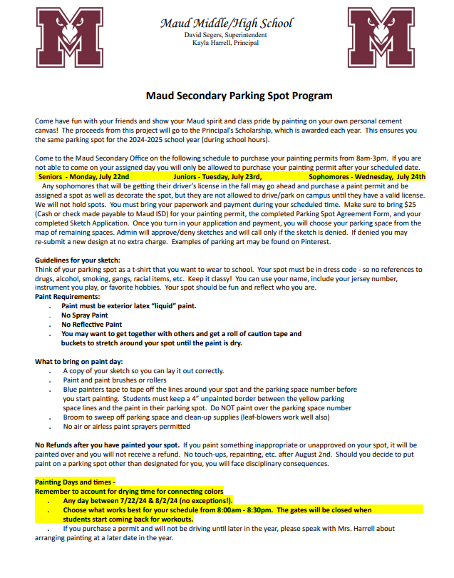 MaudTXISD's tweet photo. Don't forget if you have not purchased your parking spot for the 2024-25 school year, you are able to purchase them today! The spots are $25! Students will need to complete the attached paperwork and bring it to the office between 8am-3pm. #MaudTXISD https://t.co/VFSGb0s9IV